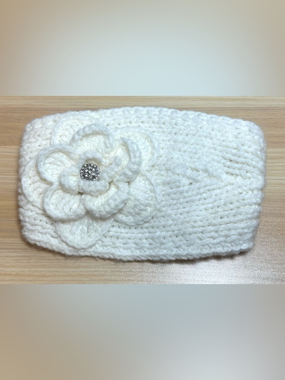 Crocheted White Flower Headband with Rhinestone Center